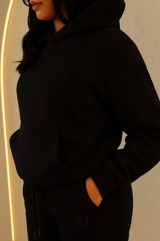 Oversized Black Signature Plush hoodie made from 100% cotton with 3D tonal INTIMISSY branding