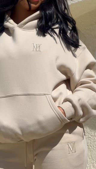 Chai Beige Signature Plush Hoodie with 3D tonal INTIMISSY branding, 100% cotton