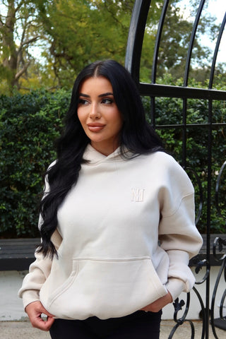 Chai Beige Signature Plush Hoodie with 3D tonal INTIMISSY branding, 100% cotton