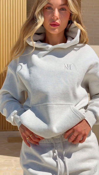 Oversized Ash grey Signature Plush hoodie made from 100% cotton with 3D tonal INTIMISSY branding