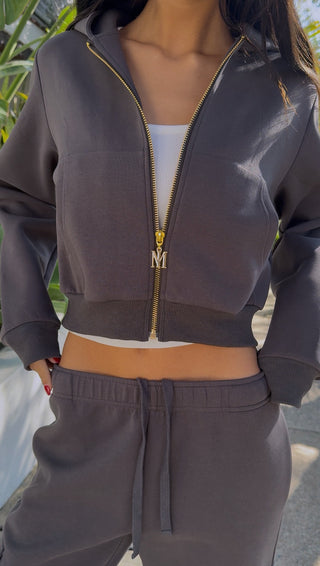 INTIMISSY Studio Plush Crop Jacket in Truffle – women’s dark plush cropped zip jacket with gold hardware, premium loungewear streetwear