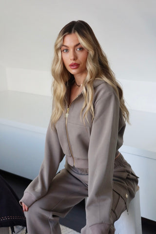 INTIMISSY Studio Plush Crop Jacket in Pistachio – women’s green plush cropped zip jacket with gold hardware, premium streetwear set