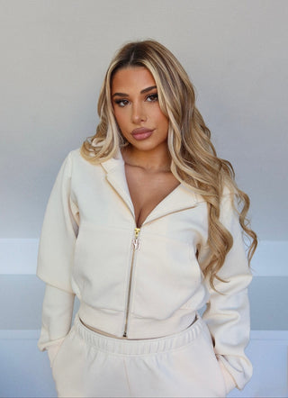 INTIMISSY Studio Plush Crop Jacket in Soufflé – women’s premium cropped zip jacket with gold hardware, soft plush streetwear set