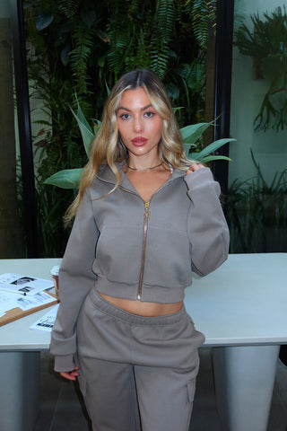 INTIMISSY Studio Plush Crop Jacket in Pistachio – women’s green plush cropped zip jacket with gold hardware, premium streetwear set