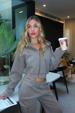 INTIMISSY Studio Plush Crop Jacket in Pistachio – women’s green plush cropped zip jacket with gold hardware, premium streetwear set