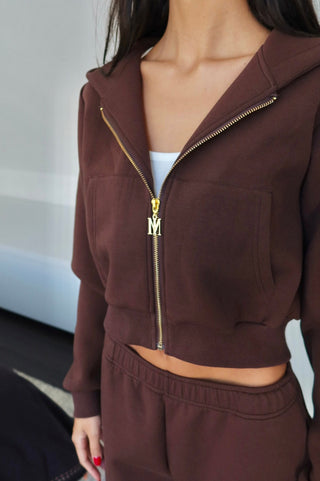 NTIMISSY Studio Plush Crop Jacket in Espresso – women’s chocolate-brown plush zip jacket, premium streetwear loungewear set