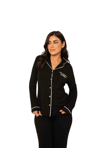 Black long sleeve pyjama set with soft-touch fabric, four-way stretch, elasticated drawstring waistband and 3D logo embroidery- INTIMISSY Luna Lounger